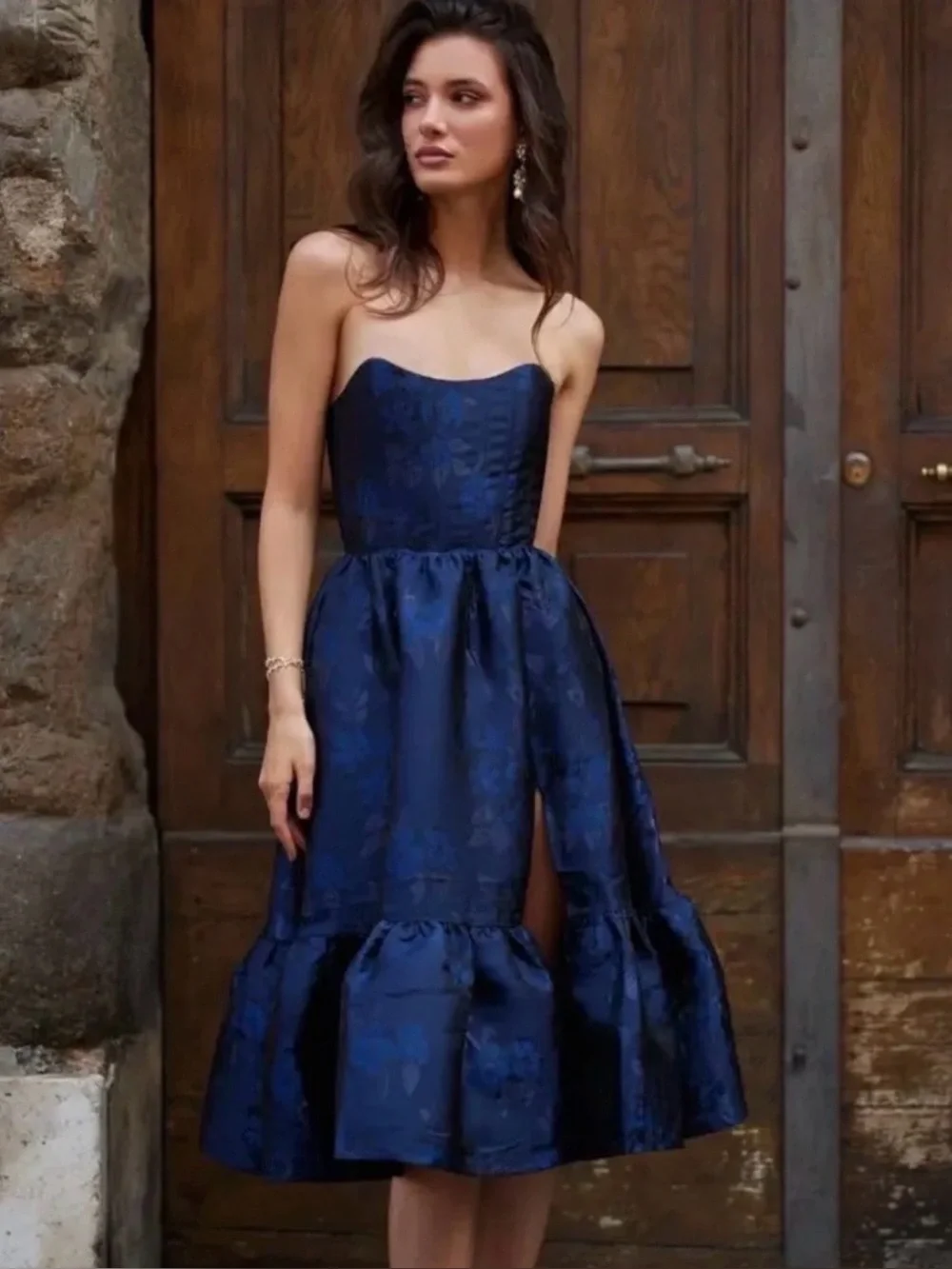 V. Chapman Strapless Navy Floral brocade  Midi with Flounce and Side Slit